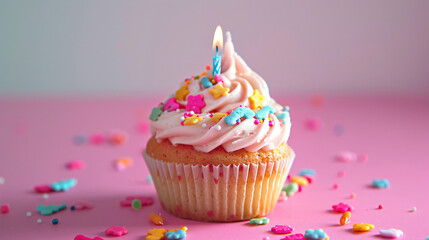 Tasty birthday cupcake with candle on pink background