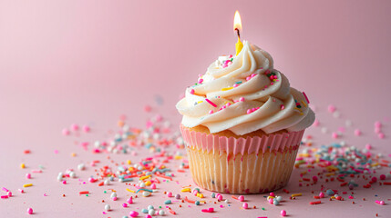 Tasty birthday cupcake with candle on pink background