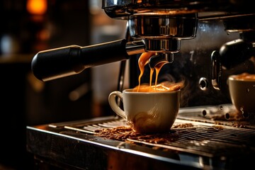 Brocken pouring freshly brewed coffee into espresso machine 