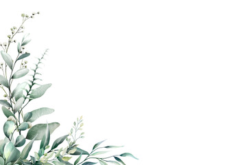 Illustration of eucalyptus leaves and flowers in watercolor. A frame of greenery adorns the corner border © Link Parker