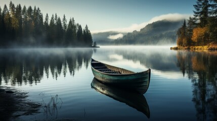 A lone canoe floats on a tranquil.