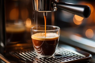 Pouring freshly brewed coffee into espresso machine for caffeine boost and warm beverage preparation - obrazy, fototapety, plakaty