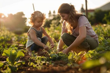 a mother and her little daughter plant vegetables in the family garden at sunset 
