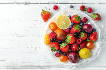 Assorted different fruit and berries on white plate wrapped in plastic clear transparent film from...