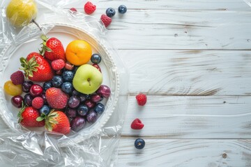 Assorted different fruit and berries on white plate wrapped in plastic clear transparent film from above on white wooden rustic table background, space for text 