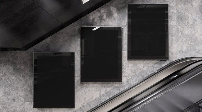 Three vertical billboards on underground wall Mockup. Hoardings advertising triptych on subway wall 3D rendering