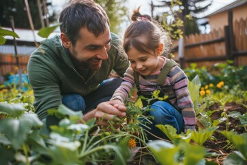 Father and daughter gardening together, home vegetable garden  - obrazy, fototapety, plakaty
