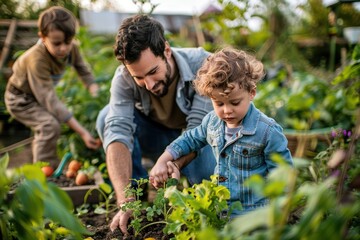 Father and daughter gardening together, home vegetable garden 