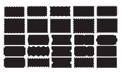Rectangular coupon frames with postage stamp tear line set. Square jagged curved box vouchers. Geometric zigzag wavy stickers. Vector illustration of coupon price labels
