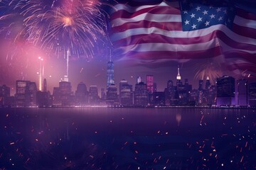 Fourth of july fireworks american flag in the city Memorial day graphic design for website background, copy space 
