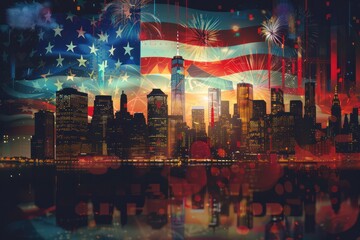 Fourth of july fireworks american flag in the city Memorial day graphic design for website...