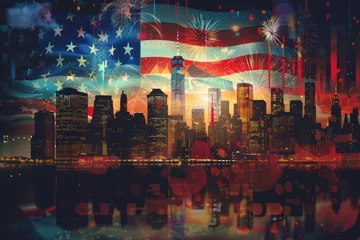 Gordijnen Fourth of july fireworks american flag in the city Memorial day graphic design for website background, copy space  © Straxer