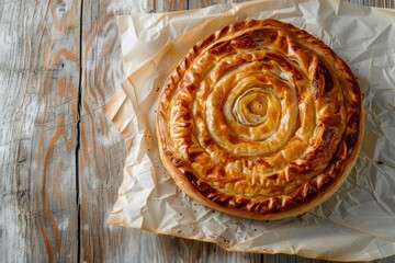 Freshly baked Burek made of filo dough with filling on baking paper background top view. Traditional savoury spiral pie of Balkans, Middle East and Central Asia.