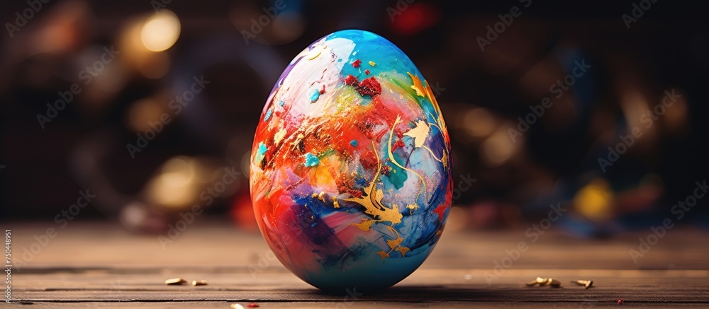 Poster colorful painted easter egg resting on rustic wooden surface with intricate patterns