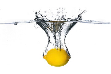 Lemon falling into water with splashes on a white background