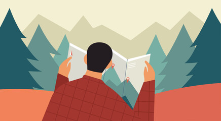 Outdoor Adventure and Forest Exploration Concept, Man Hiking in the Forest, Holding and Reading Map in Hand, Vector Flat Illustration Design - obrazy, fototapety, plakaty