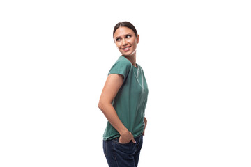 Fototapeta premium young european woman with tied hair in a ponytail wearing a green t-shirt