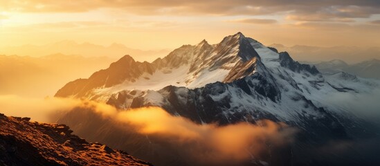 Majestic Snow-Capped Mountain Veiled in Gentle Clouds at Sunrise
