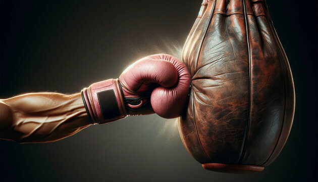 Image showing a close-up of a boxer's hand, wearing a boxing glove, delivering a powerful punch to a leather punching bag. The moment of impact is frozen, allowing the intensity and energy to be conve