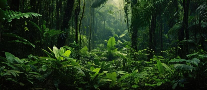 Serene Tropical Paradise: Verdant Jungle Oasis Teeming with Lush Greenery and Vibrant Plant Life