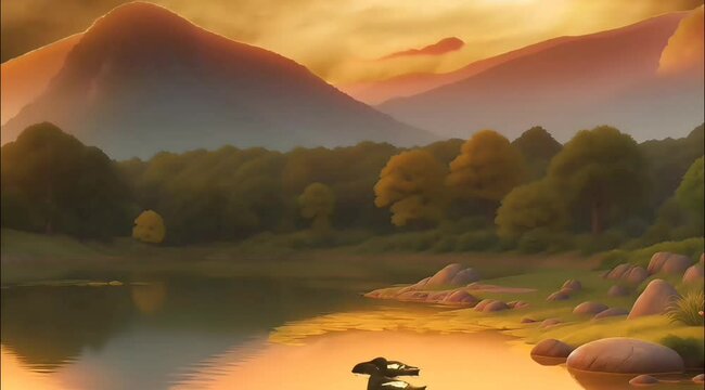 "Twilight Majesty: Mountains and a serene lake embrace the evening glow, creating a picturesque panorama, seamless looping time-lapse animation video background by AI."