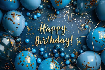 adorable bluey theme birthday party for kids vector, with text "Happy Birthday!" in gold colour glitter