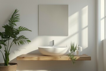Fototapeta na wymiar Modern bathroom interior with wooden shelf and green plants