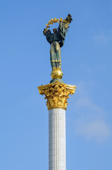 Monument to the Independence of Ukraine against the sky. It is located in the center of Kyiv (Kyiv) on Independence Square (Maidan)