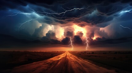 A stormy sky with numerous lightning strikes from clouds to the ground. Weather changes, meteorology.