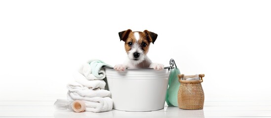 Curious Jack Russell Terrier Puppy with Cleaning Supplies in a White Bucket