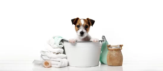Tuinposter Curious Jack Russell Terrier Puppy with Cleaning Supplies in a White Bucket © HN Works
