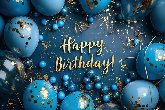 adorable bluey theme birthday party for kids vector, with text "Happy Birthday!" in gold colour glitter
