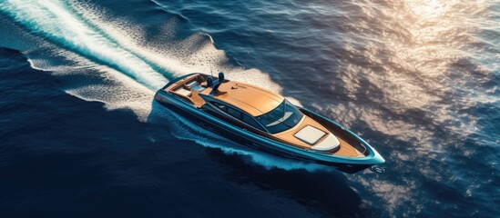Elegant Rio Yachts Luxury Motor Boat Cruising Smoothly with Aerial View