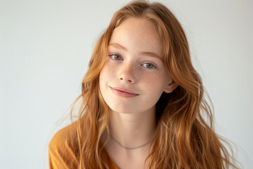 Fototapeta premium A girl with red hair is smiling and looking at the camera