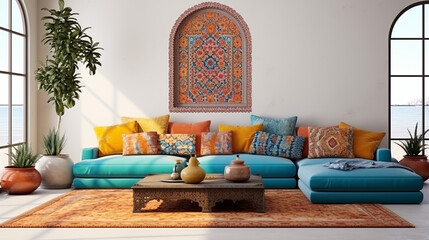 Ramka na obraz lub zdjęcie na ścianie - mockup. Wystrój wnętrza salonu marokańskiego - dekoracja	
