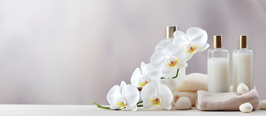 Fototapeta na wymiar Luxurious Spa Setting with White Orchid, Lotion, and Soft Towel for Organic Skincare Relaxation