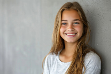Fototapeta premium A girl with long brown hair is smiling at the camera