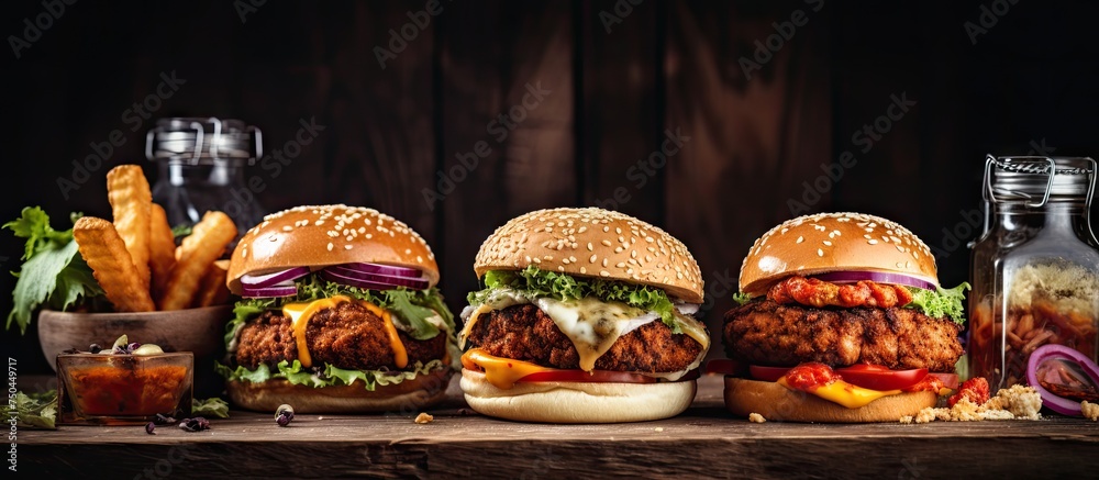 Poster three burgers with different toppings and condiments on rustic wooden table