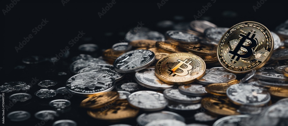 Poster shiny bitcoin cryptocurrency coin on silver background with a modern finance concept