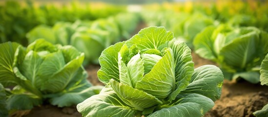 Vibrant Cabbage Patch: Verdant Field of Thriving Leta Plants in a Sunny Vegetable Garden Setting - obrazy, fototapety, plakaty