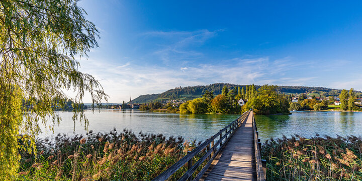 Switzerland, Thurgau, Eschenz, Wooden bridge leading to Werd monastery