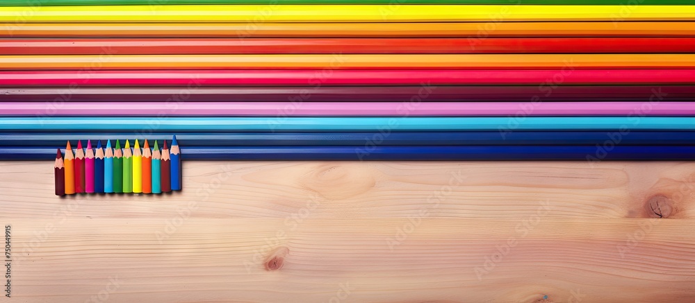 Poster vibrant array of artistic tools - diverse collection of colorful pencils on a wooden surface