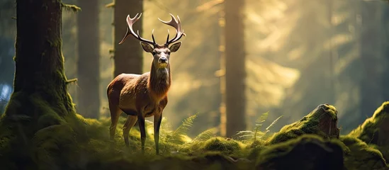 Fotobehang Majestic Deer Standing Serenely in the Heart of Lush Enchanted Forest © HN Works