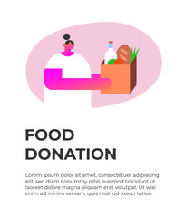 Bringing groceries to food bank. Volunteer Girl holding a donation box with food. Awareness and charity concept. Background, poster, banner, flyer. Flat vector illustration.