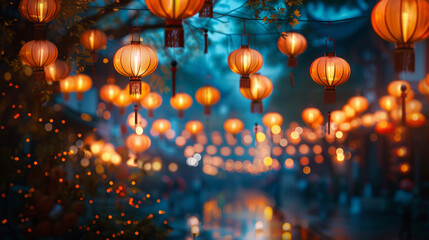 Vibrant red and orange Chinese lanterns hang across a street bustling with festive atmosphere, casting a warm glow that illuminates decorations and creates a blurred, bokeh background effect.