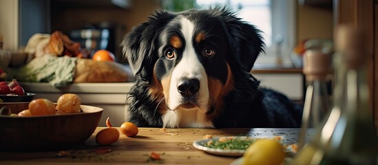 Adorable Bernese Mountain Dog Eyeing Tasty Food on Kitchen Table with Hopeful Expression - obrazy, fototapety, plakaty