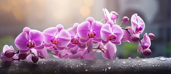 Majestic Purple Orchids Blooming Vibrantly on a Weathered Rock in Garden Oasis