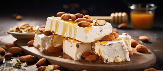 Delicious Sardinian Nougat with Hazelnut Almonds and Honey - Close-up Shot of a Sweet Confection - obrazy, fototapety, plakaty