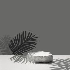 Selective focus.sandstone top product display platform in tropical design with shadow palm leaf on pastel wall background.