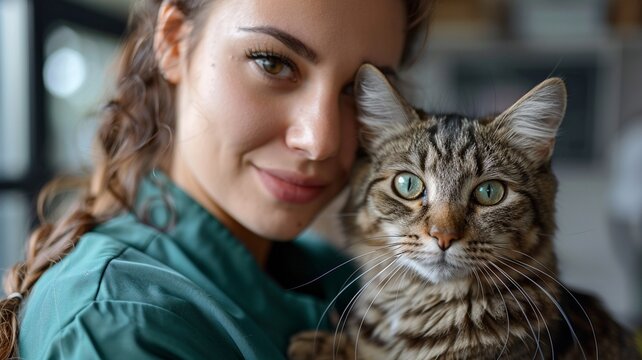 Portrait of happy female veterinarian taking care of cat at reception in veterinary clinic